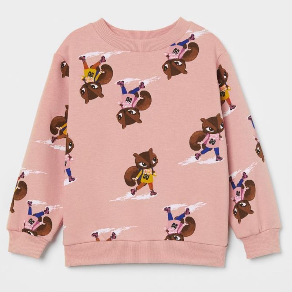 H&M Kids Crew Neck Powder Pink Printed (Squirrels) Sweatshirt | Size 5 -6 Y